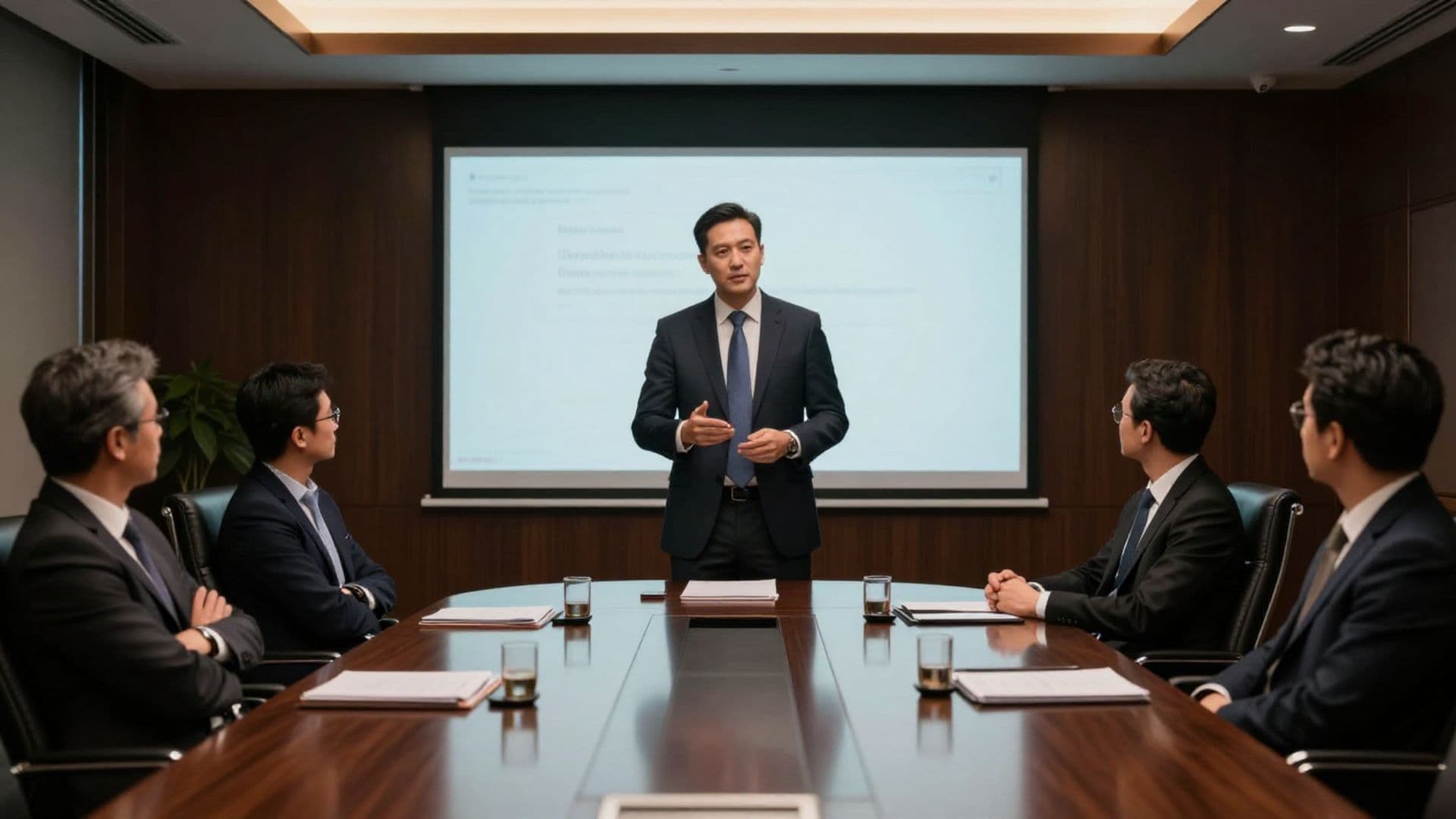 経営陣に向けて説明する男性