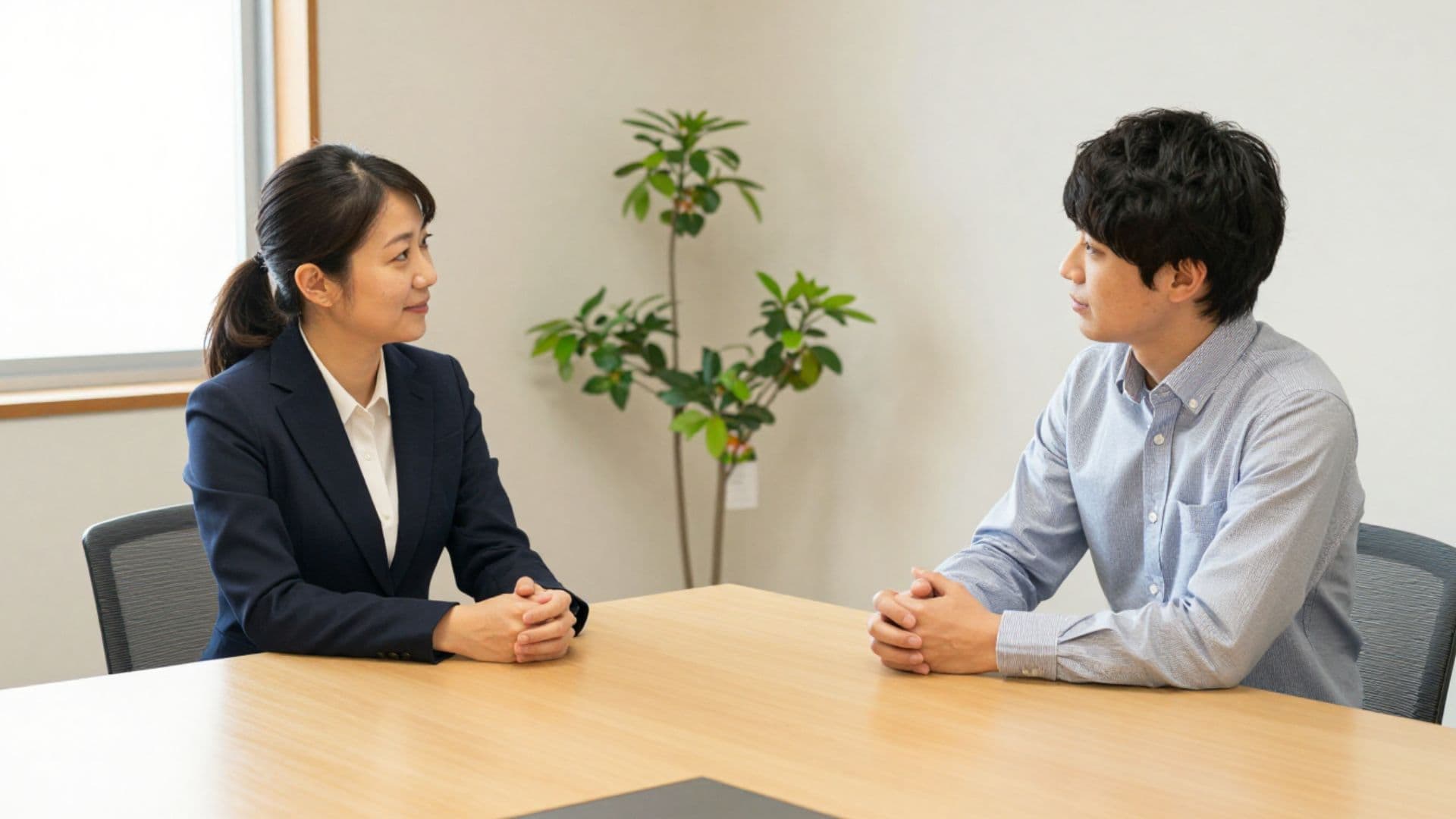 テーブルを挟み話し合う二人