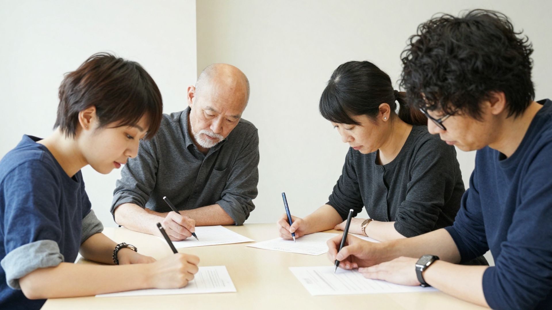 書類にそれぞれ記入する4人