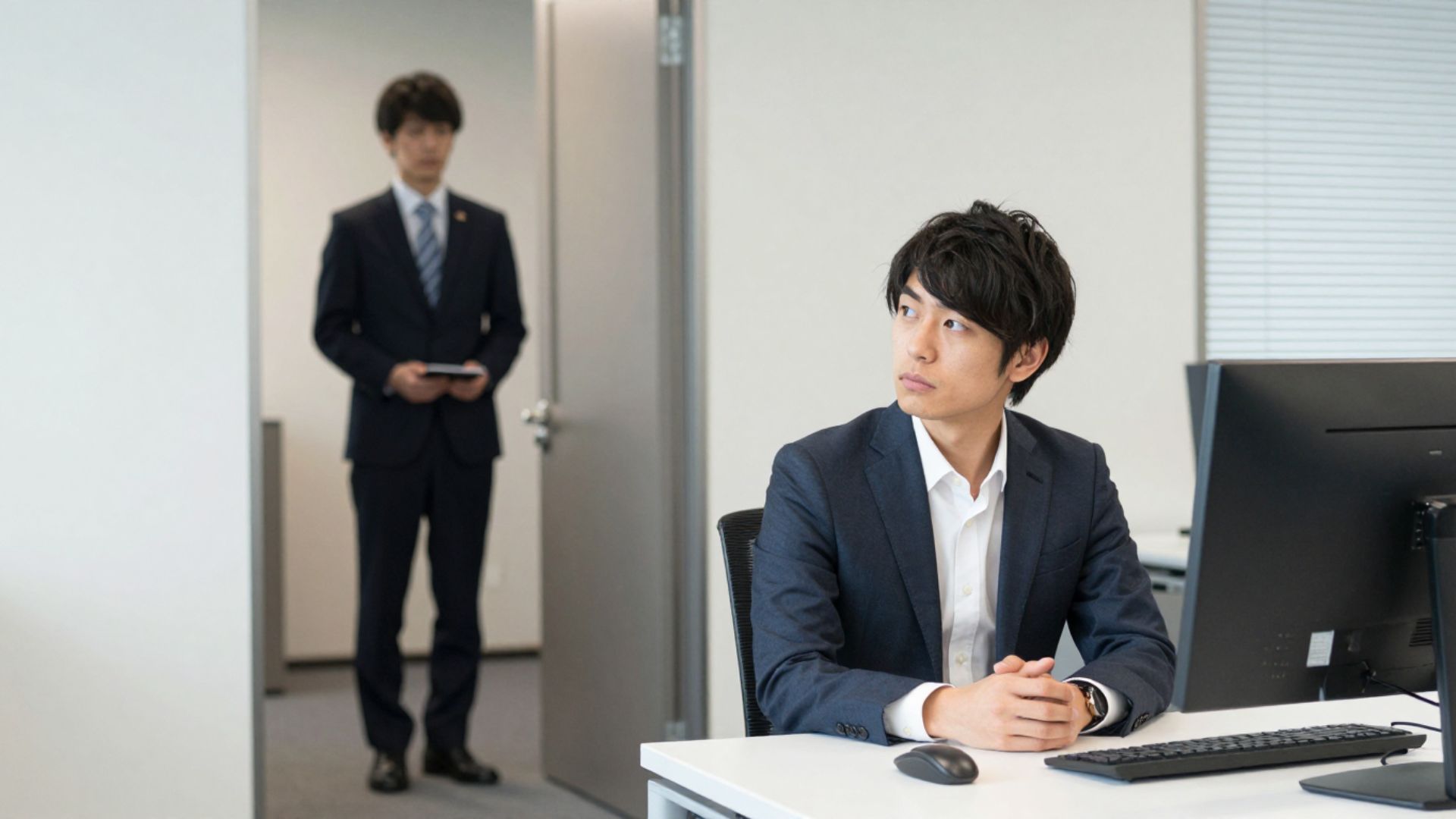 指示を待つように視線を上げる社員