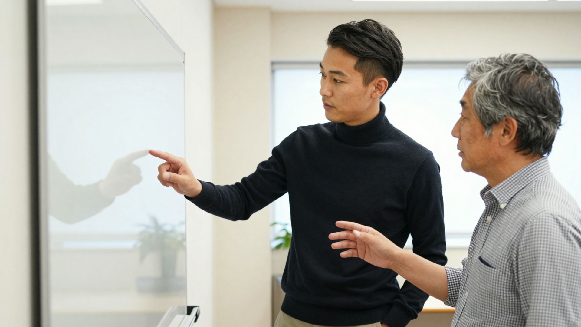 ホワイトボードを指しながら話す2人