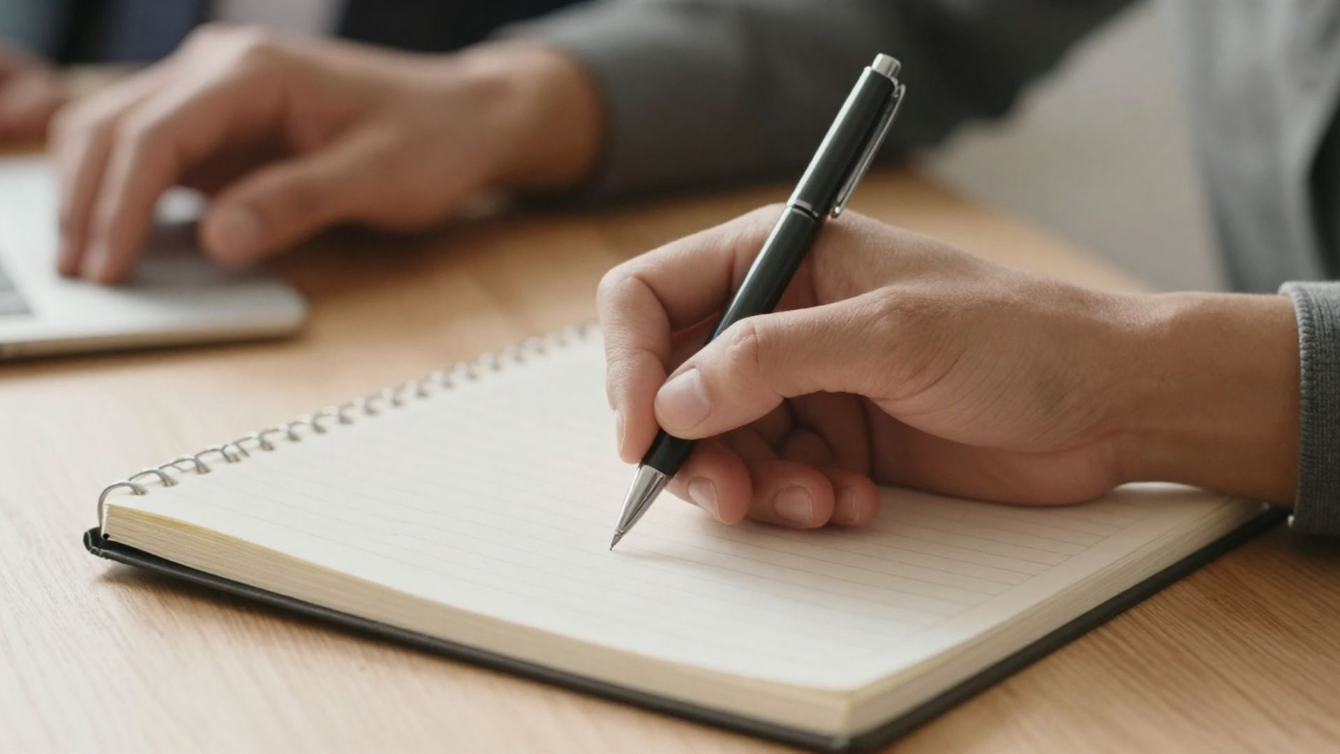 ノートに書き込む手ともう一人の手元