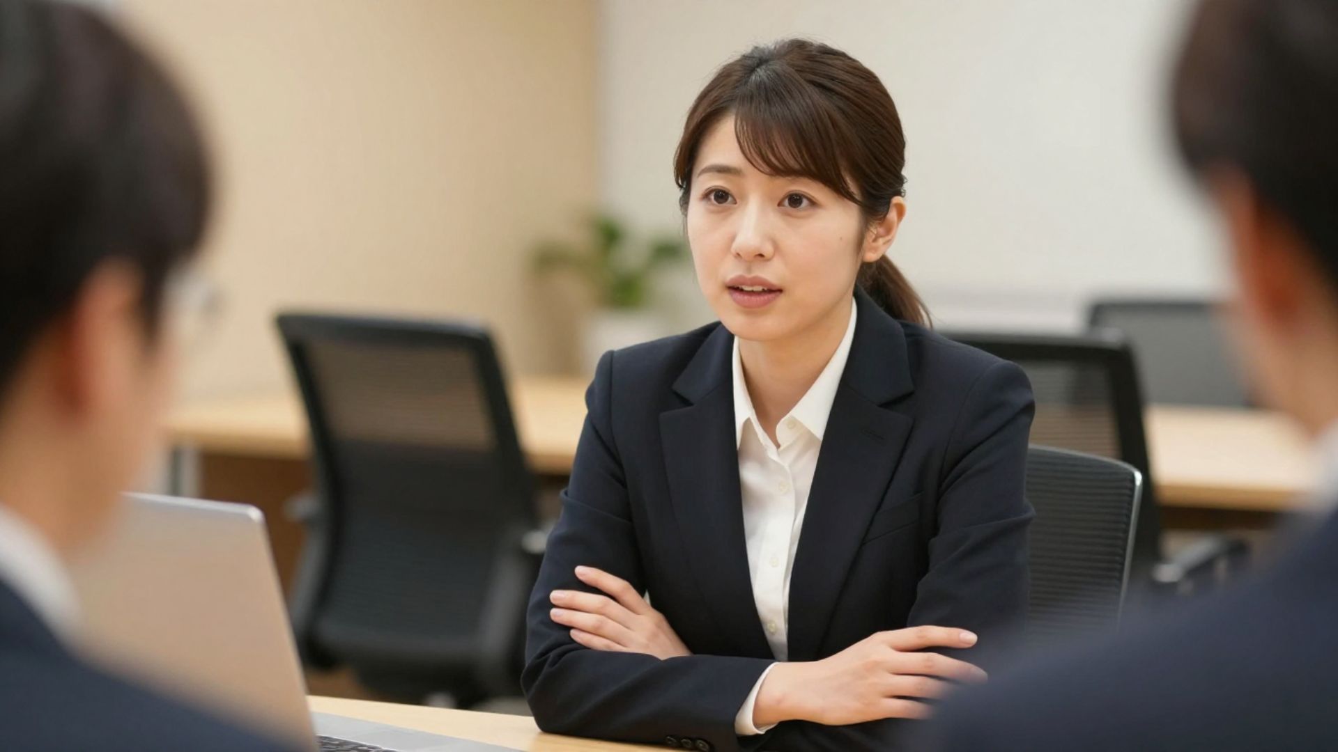 腕を組んで話す女性と対面する二人