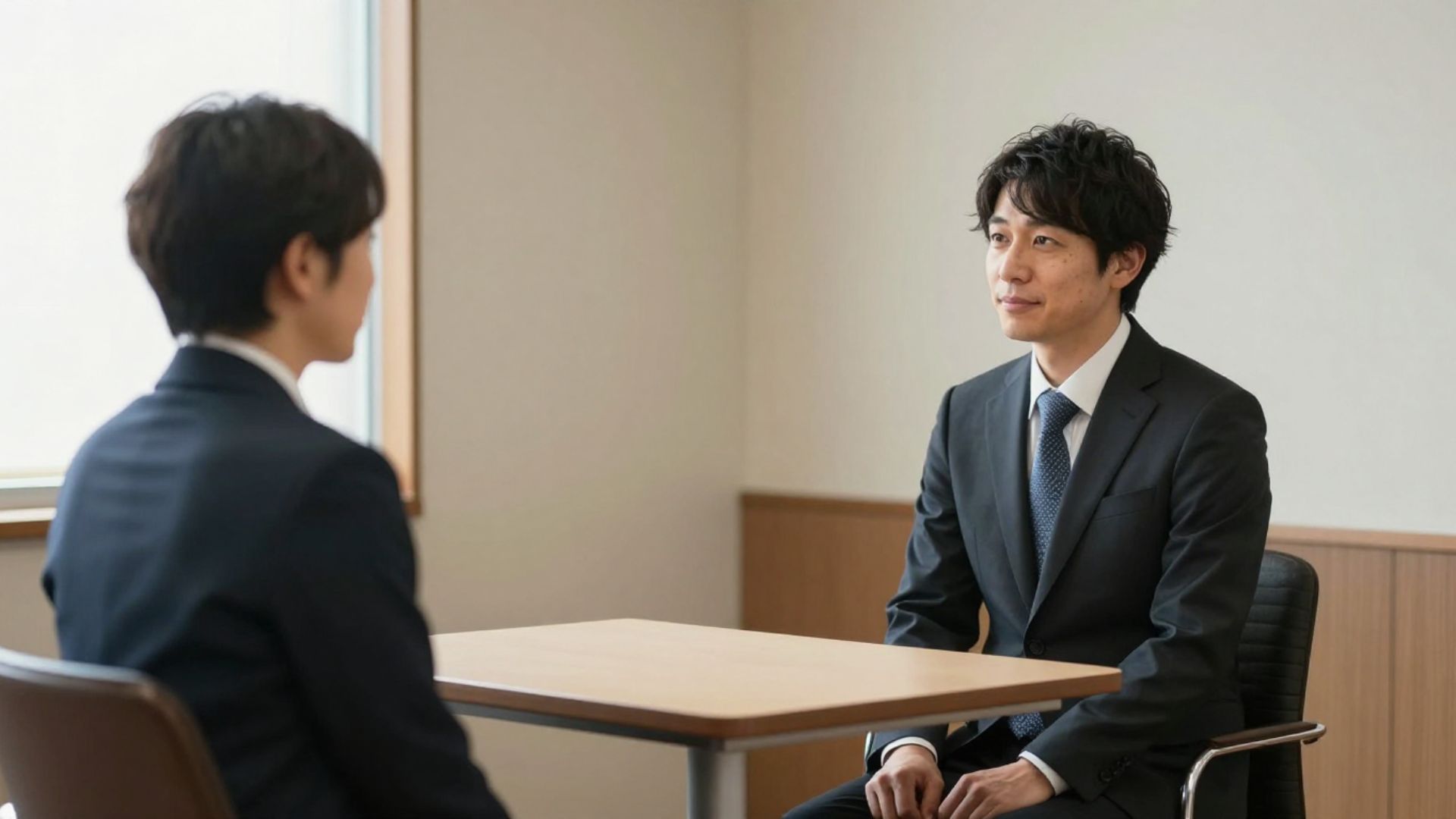 向かい合って対話する二人のビジネスパーソン