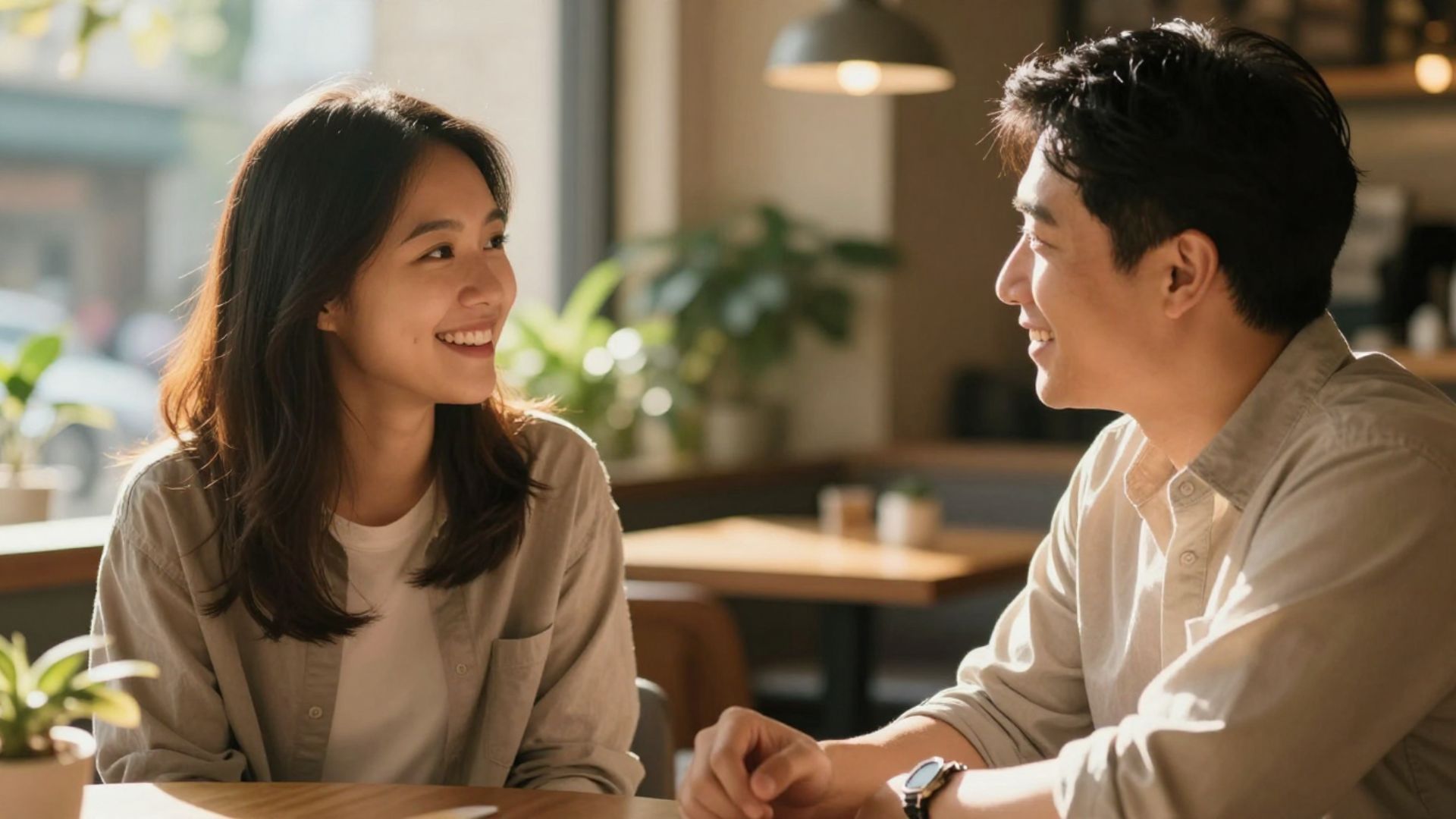 カフェで笑顔で話す男女