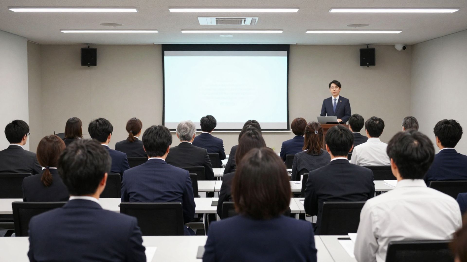 登壇者が社員に向けて研修する会場